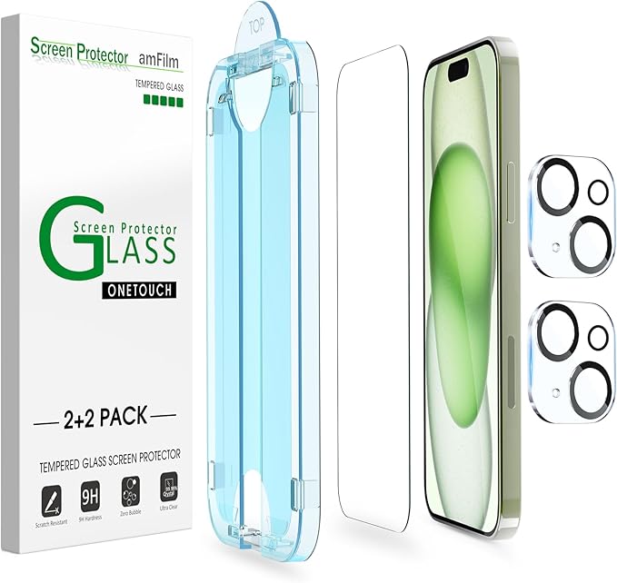 amFilm OneTouch 2+2 Pack for iPhone 15 Plus 6.7" Screen Protector Tempered Glass with Camera Lens Protector